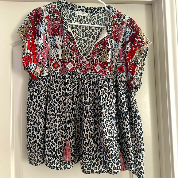 Leopard top with floral embroidery. Loose fitting and flowy. - Picture 1 of 3